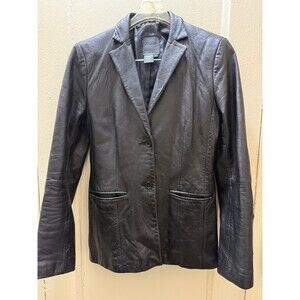BCBG Max Azria Black Leather Blazer Jacket Womens Size 6 Fitted Classic